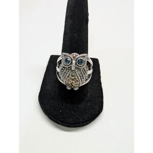 Owl Statement Ring NWT Silver Tone Blue Eyes Marcasite Style Size 8